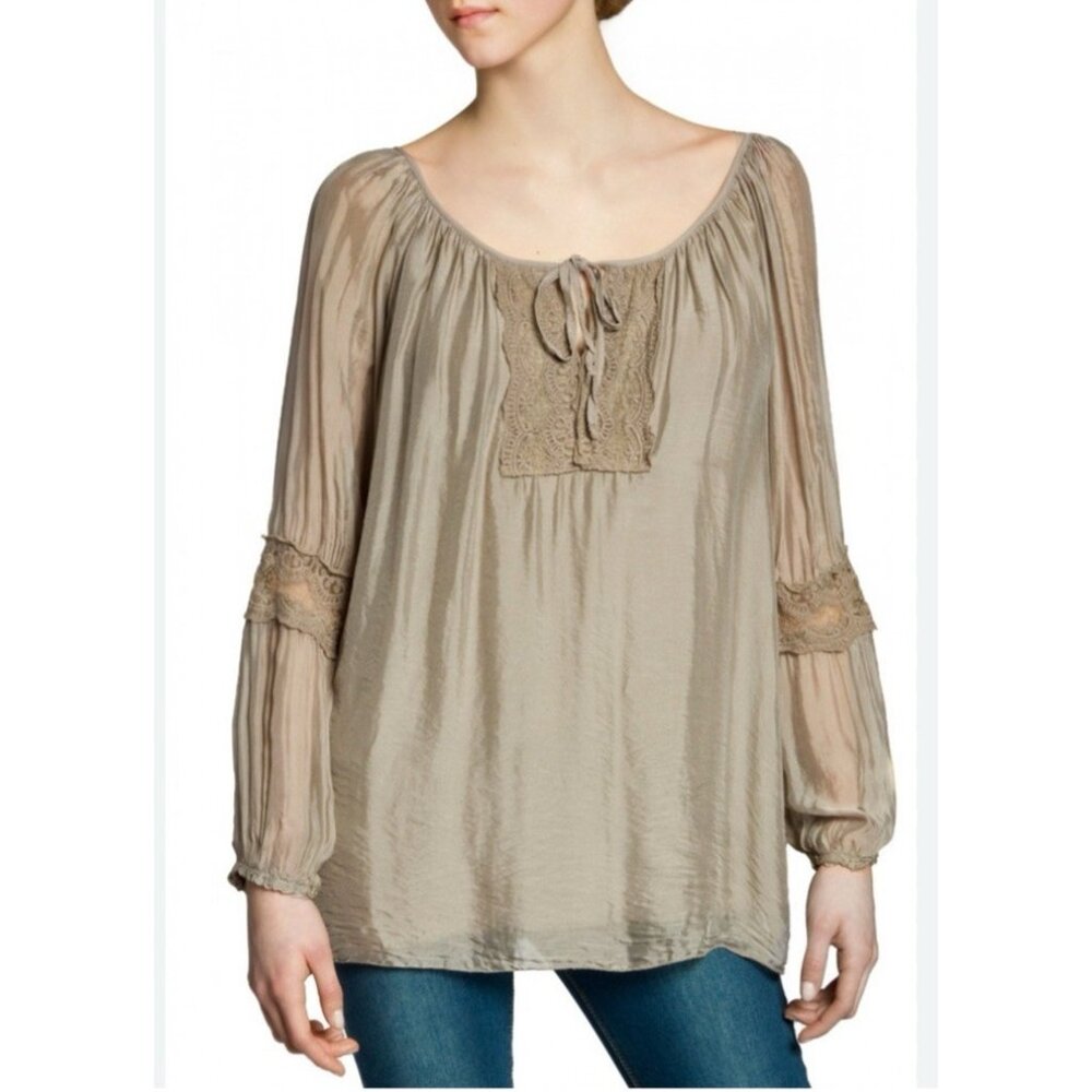 Victoria Italy Silk Blouse Top L Large Olive Green Embroidered Long Sleeve NEW